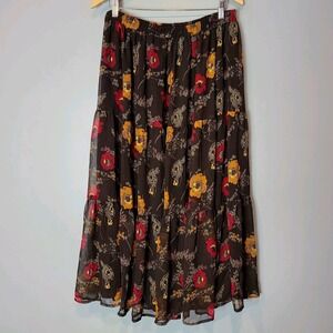 Krazy Kat Vtg Y2K maxi skirt Sz XL Floral Brown Tiered Flowy 90s Fairy Grunge
